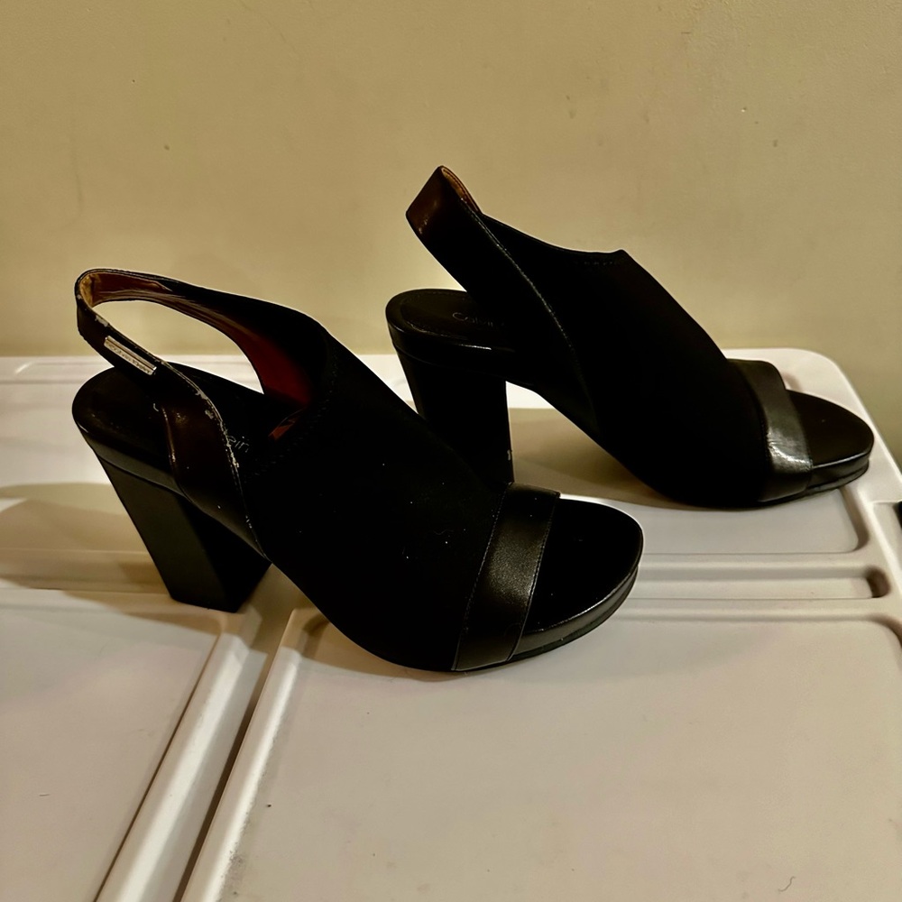 Calvin Klein, black cloth, mules trimmed in leather